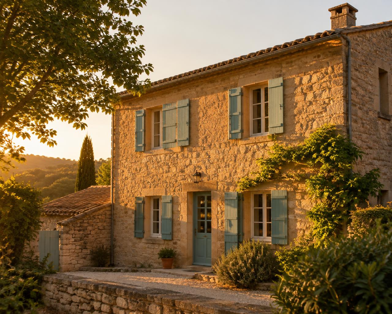 Maison en pierre au soleil de fin de journée